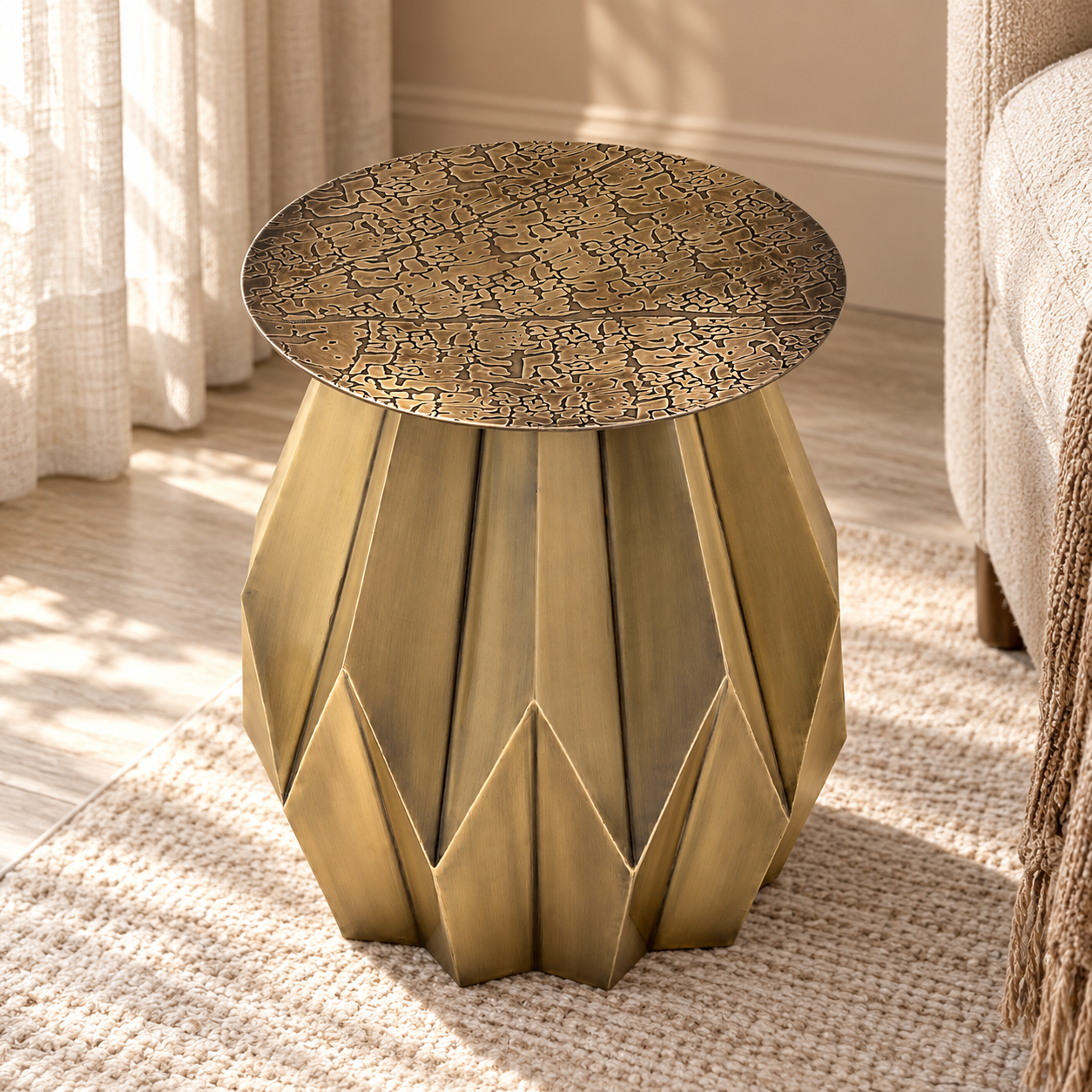 Metal Accent Table – Flower Design in Antique Gold | Furniba