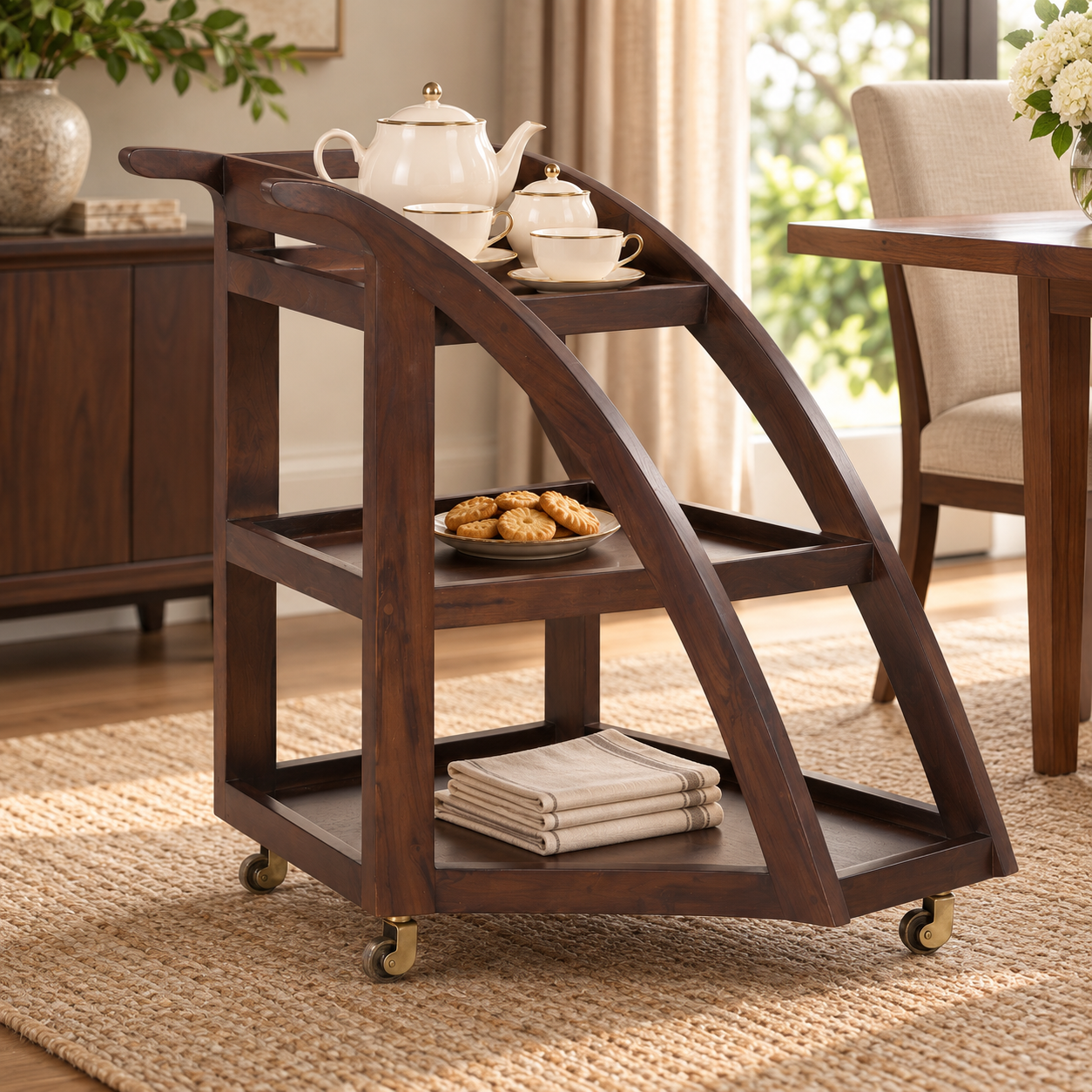 Wooden Serving Trolley – Curved Frame & Stepped Trays | Furniba
