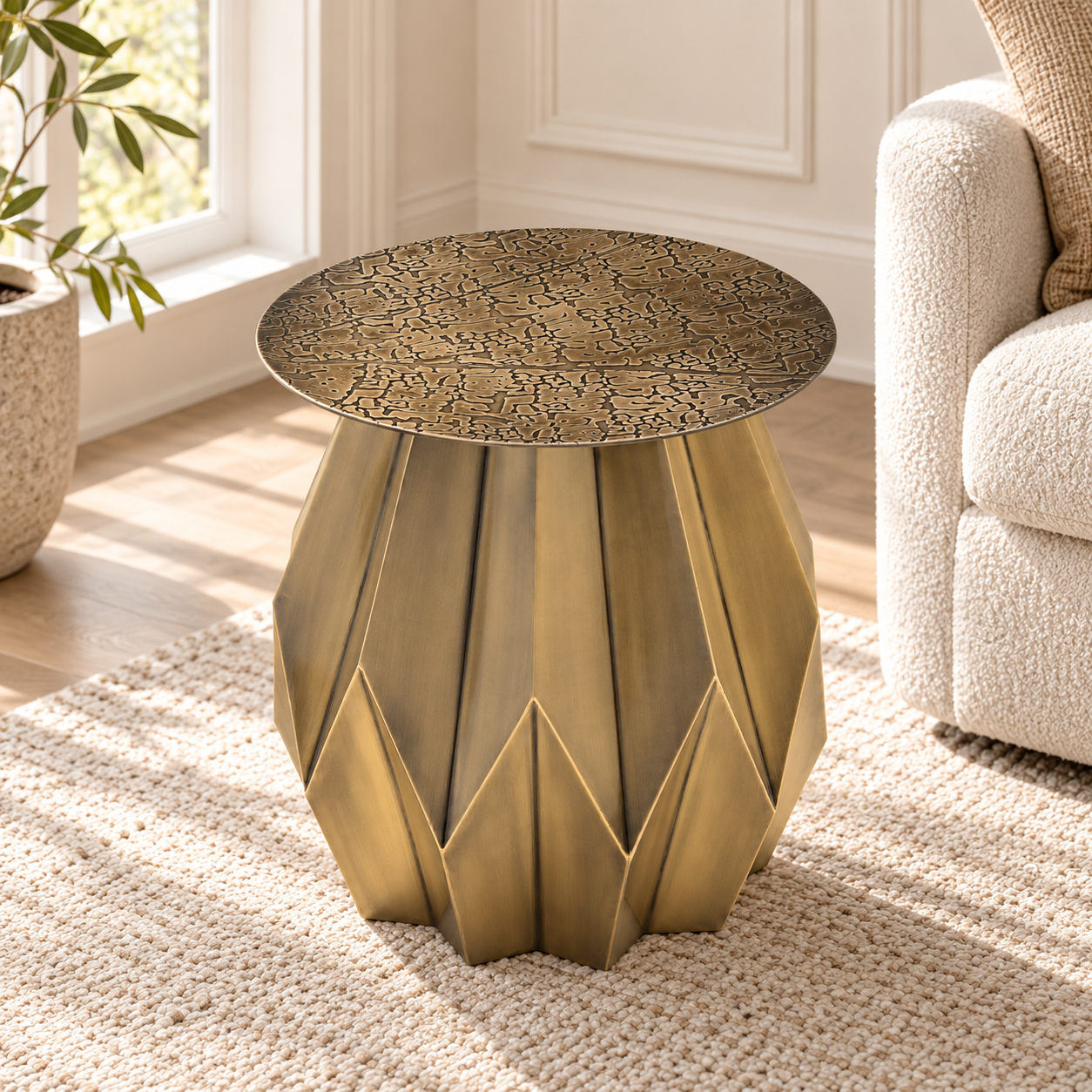 Metal Accent Table – Flower Design in Antique Gold | Furniba