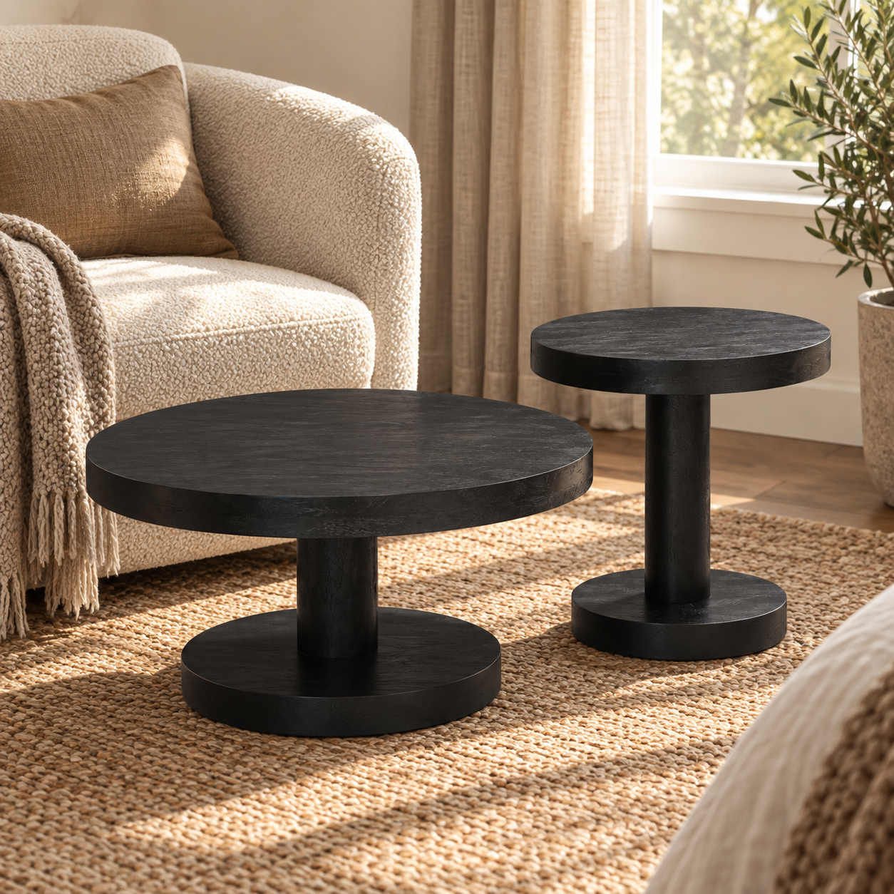 Wooden Side Table Set of 2 – Round Mango Wood Pedestal | Furniba
