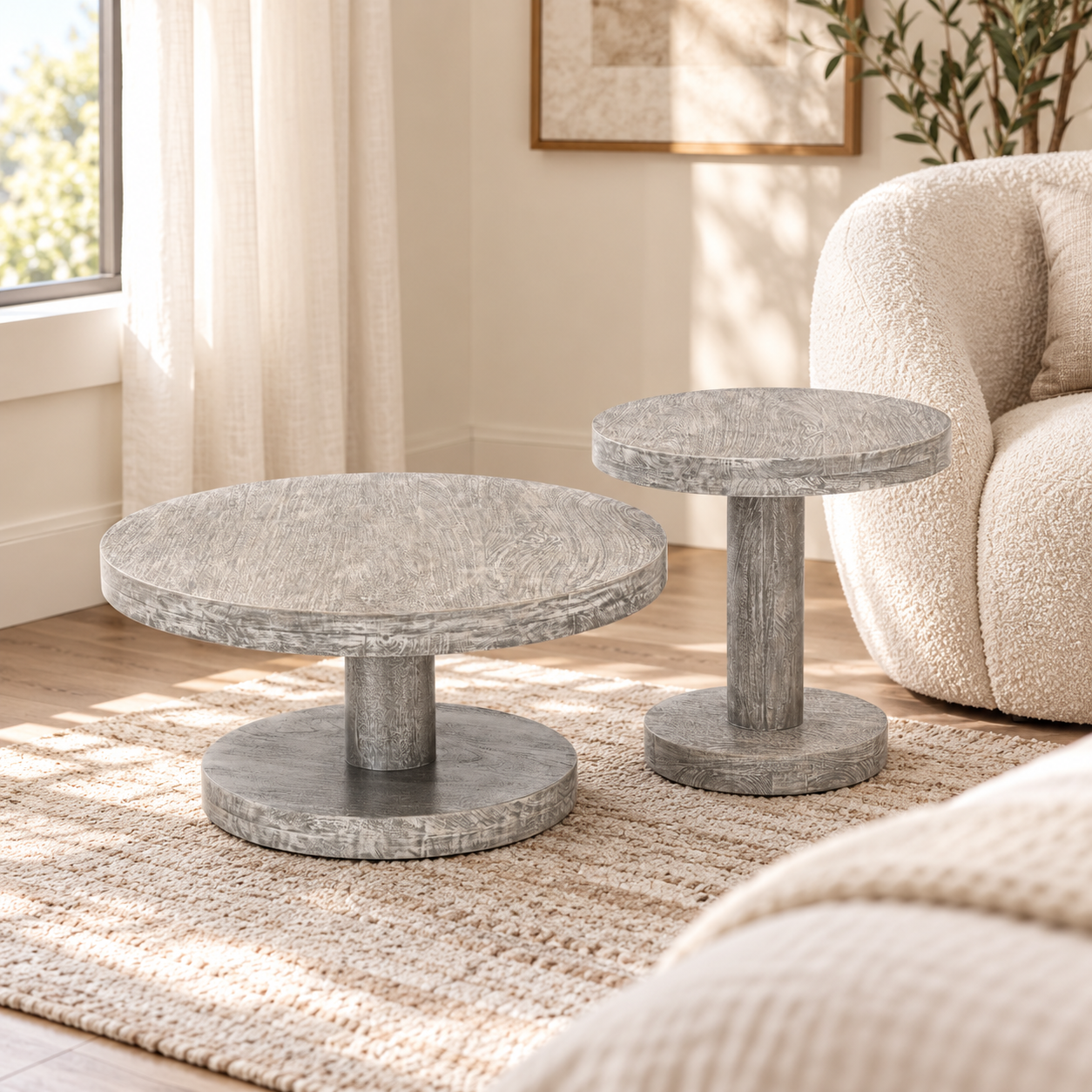 Wooden Side Table Set of 2 – Round Mango Wood Pedestal | Furniba
