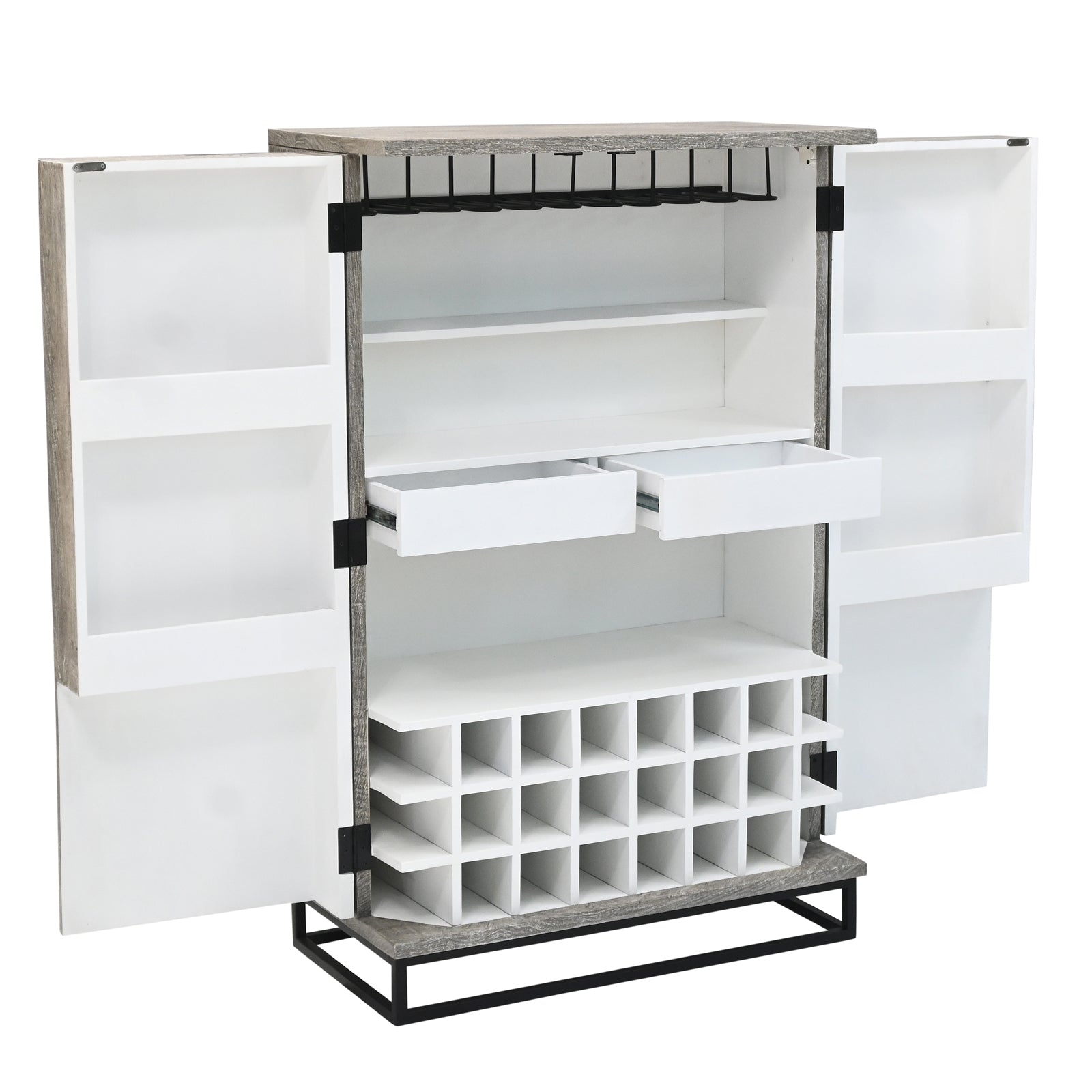 Bar Cabinet with Wine Rack, Carved Wooden Doors & LED | Furniba