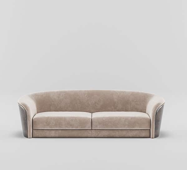 "Luxury Curved Beige Velvet 3-Seater  Sofa with Dark Wooden Outer Shell"