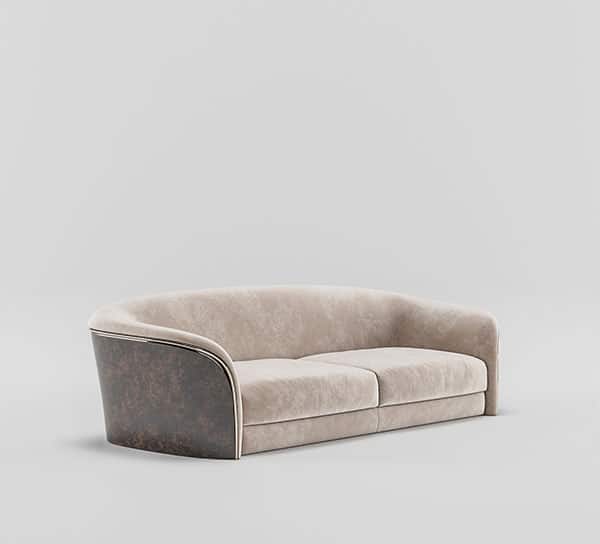"Luxury Curved Beige Velvet 3-Seater  Sofa with Dark Wooden Outer Shell"