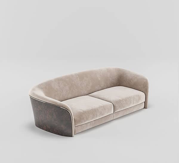 "Luxury Curved Beige Velvet 3-Seater  Sofa with Dark Wooden Outer Shell"