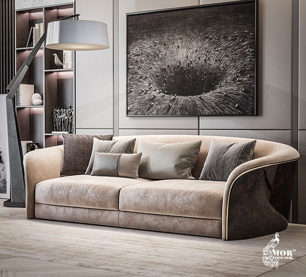"Luxury Curved Beige Velvet 3-Seater  Sofa with Dark Wooden Outer Shell"