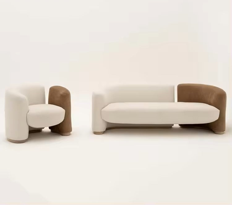 "Modern Curved Two-Tone Sofa and  Armchair Set (Cream & Brown)"