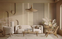 "Modern Curved Off-White Bouclé Sofa  with Round Accent Pillows"