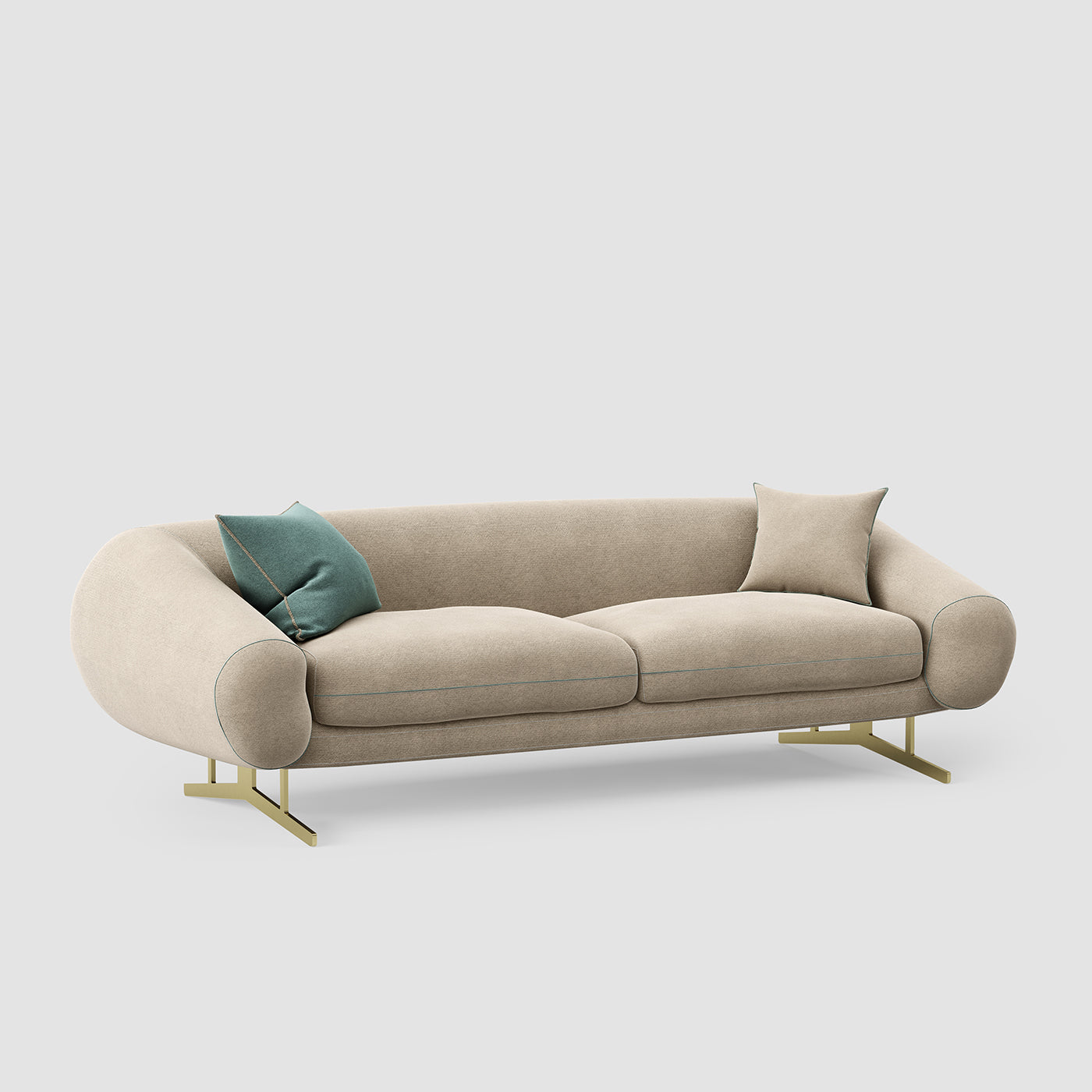 "Luxury Contemporary Beige Curved 3-Seater  Sofa with Dark Piping Accent"