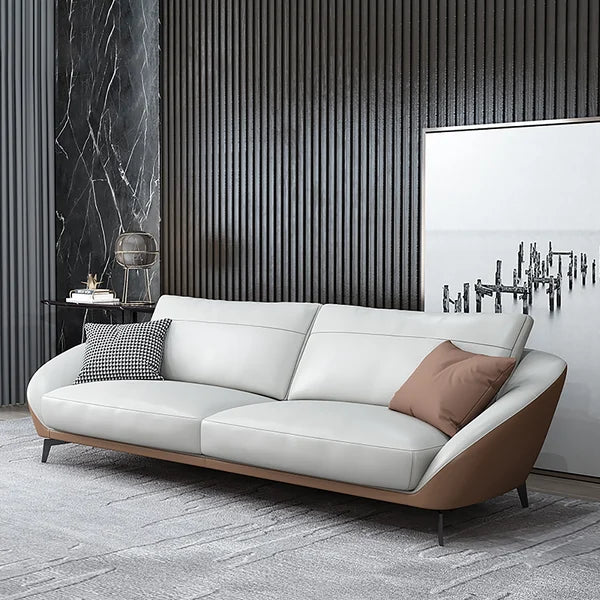"Modern Two-Tone Light Grey & Saddle  Brown Leather Sofa Set"