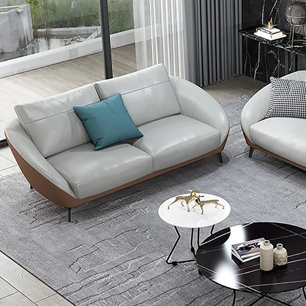 "Modern Two-Tone Light Grey & Saddle  Brown Leather Sofa Set"
