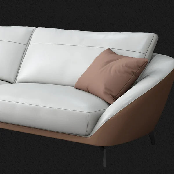 "Modern Two-Tone Light Grey & Saddle  Brown Leather Sofa Set"