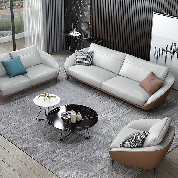 "Modern Two-Tone Light Grey & Saddle  Brown Leather Sofa Set"