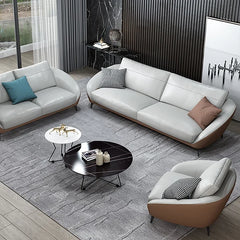 "Modern Two-Tone Light Grey & Saddle  Brown Leather Sofa Set"