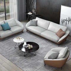 "Modern Two-Tone Light Grey & Saddle  Brown Leather Sofa Set"