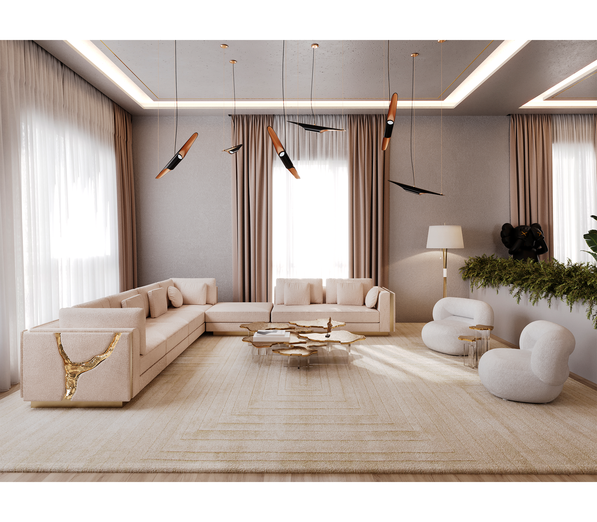 "Luxury Modern Beige Sectional Sofa  with Artistic Gold Side Accent"