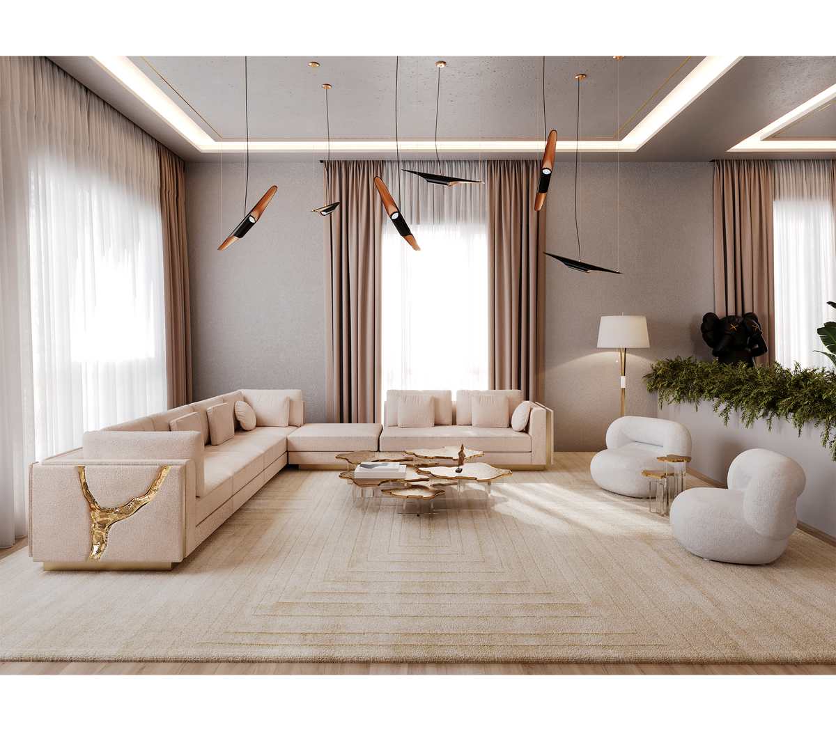 "Luxury Modern Beige Sectional Sofa  with Artistic Gold Side Accent"