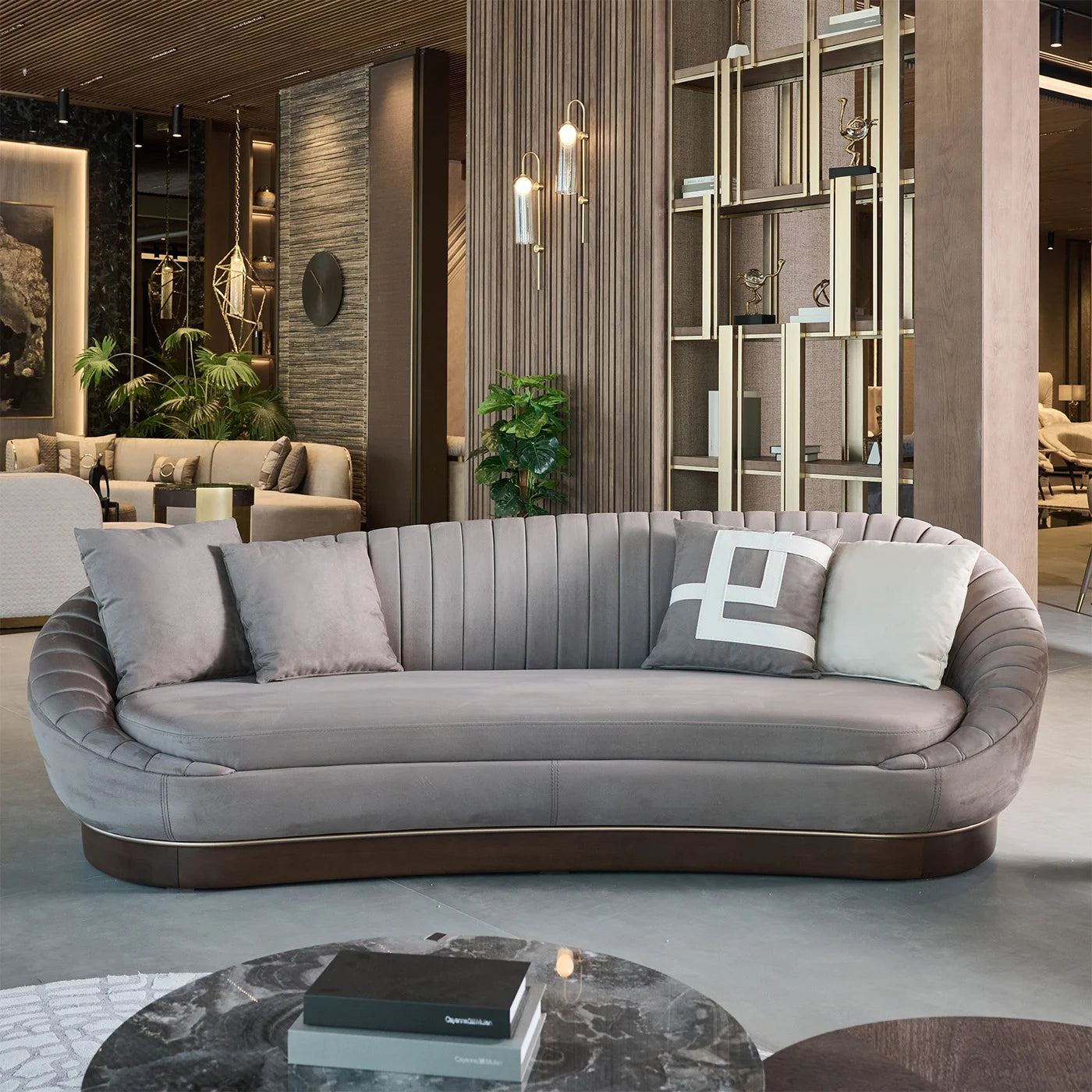 Luxury Curved Grey Velvet Fluted 3-Seater Sofa with Wooden & Brass Trim Base