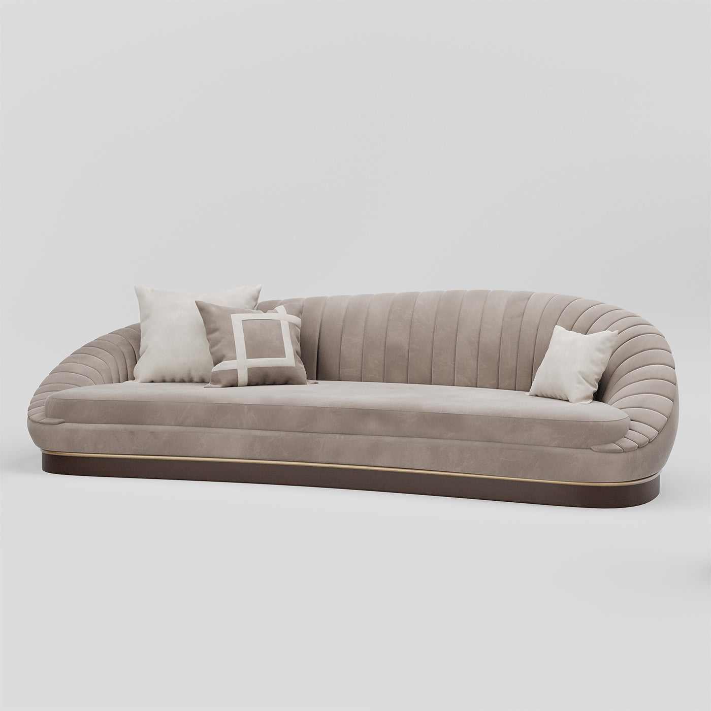 Luxury Curved Grey Velvet Fluted 3-Seater Sofa with Wooden & Brass Trim Base