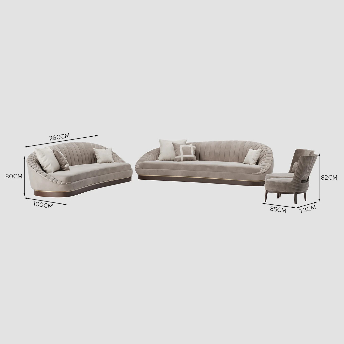 Luxury Curved Grey Velvet Fluted 3-Seater Sofa with Wooden & Brass Trim Base