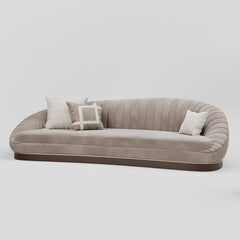 Luxury Curved Grey Velvet Fluted 3-Seater Sofa with Wooden & Brass Trim Base