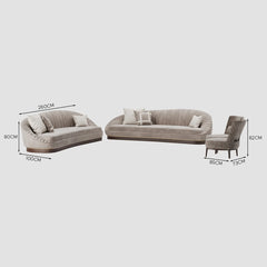 Luxury Curved Grey Velvet Fluted 3-Seater Sofa with Wooden & Brass Trim Base