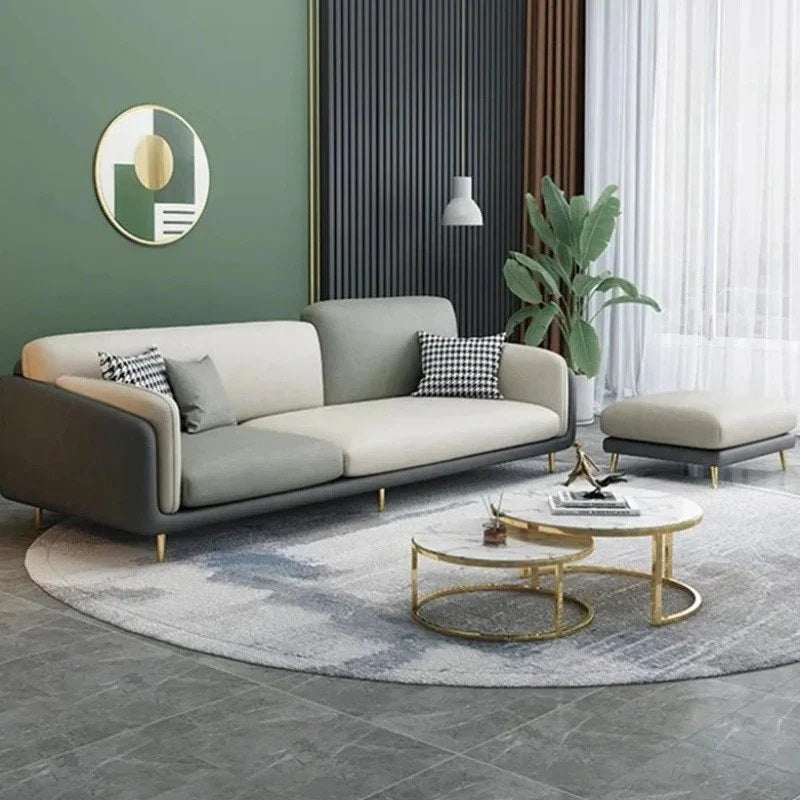 "Modern Tri-Tone Modern Grey & Cream  3-Seater Sofa with Houndstooth Pillows"