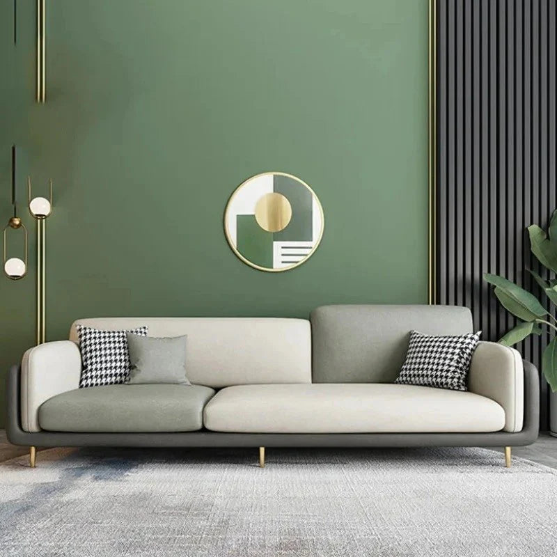 "Modern Tri-Tone Modern Grey & Cream  3-Seater Sofa with Houndstooth Pillows"
