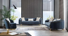 Luxury Navy Blue Velvet Sofa Set with  Quilted Diamond Outer Shell & Gold Accents
