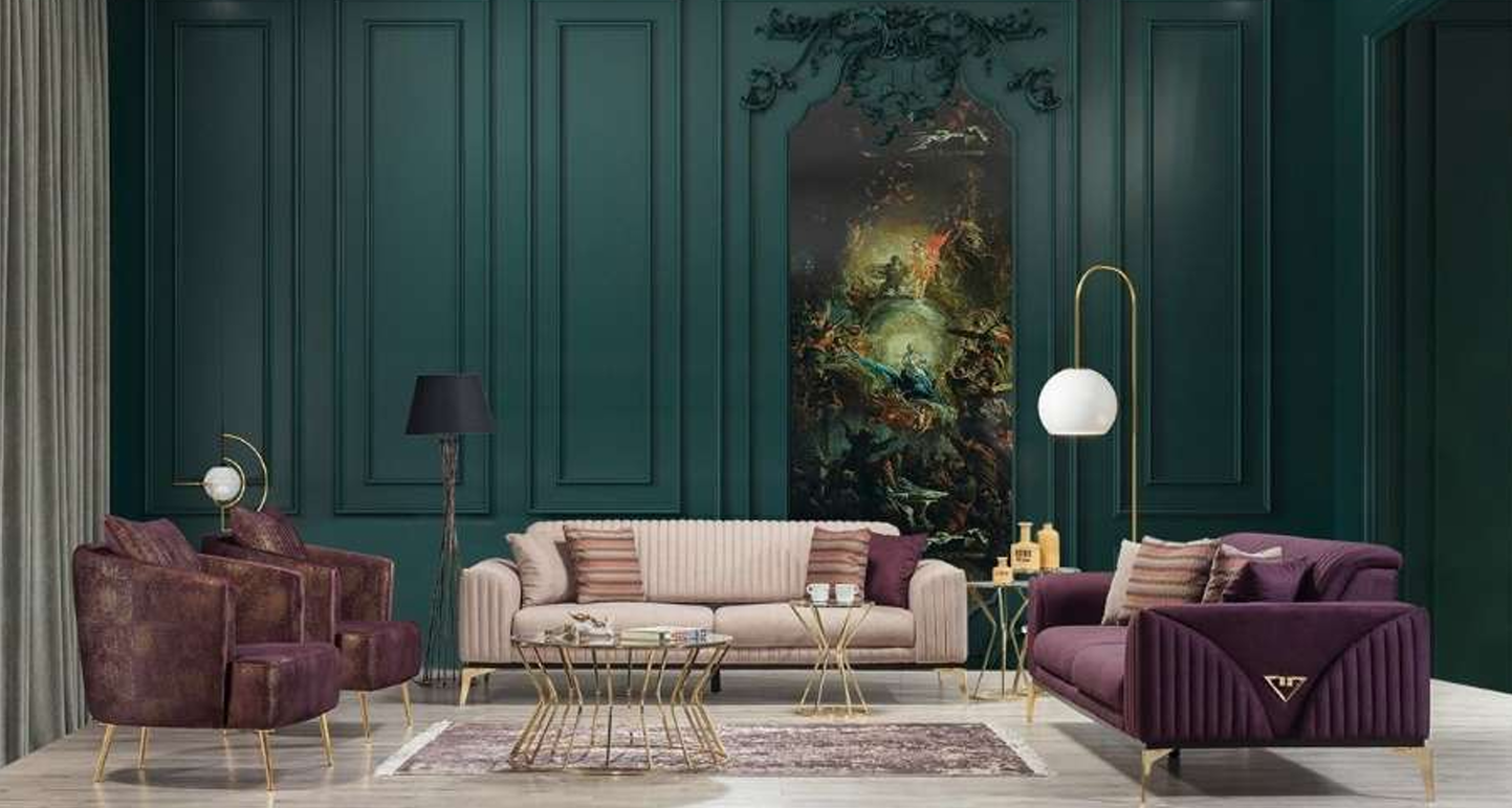 Luxury Royal Purple & Cream Fluted Sofa Set with Gold Accent Legs