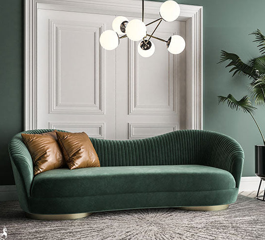 Luxury Emerald Green Curved Velvet Sofa with Fluted Backrest & Gold Plinth Base