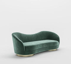 Luxury Emerald Green Curved Velvet Sofa with Fluted Backrest & Gold Plinth Base