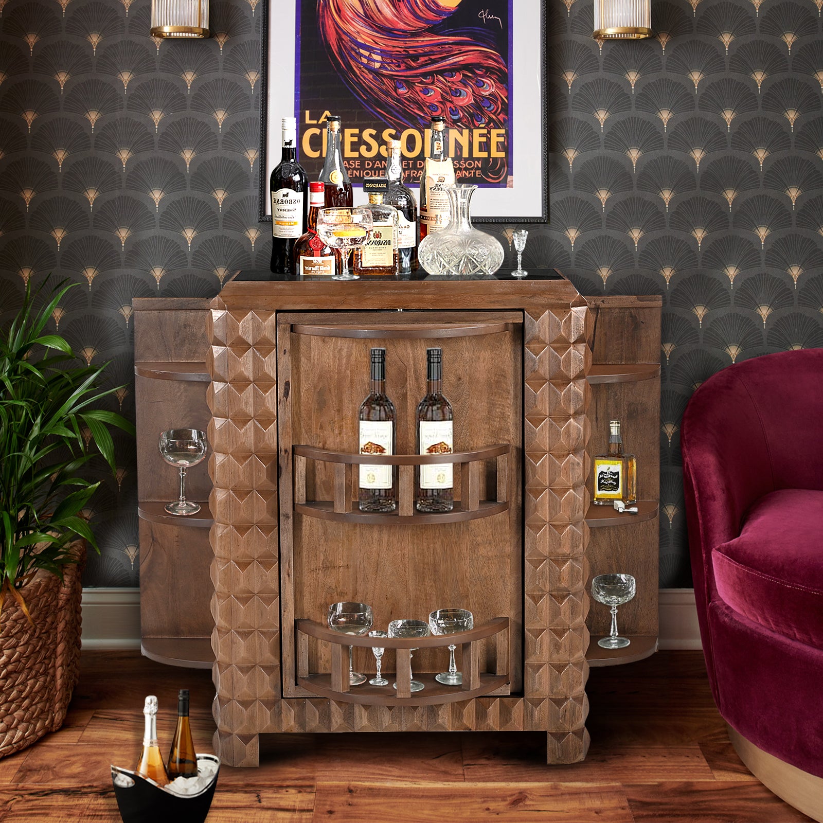 Wooden Bar Cabinet with 3D Diamond Carved Doors | Furniba