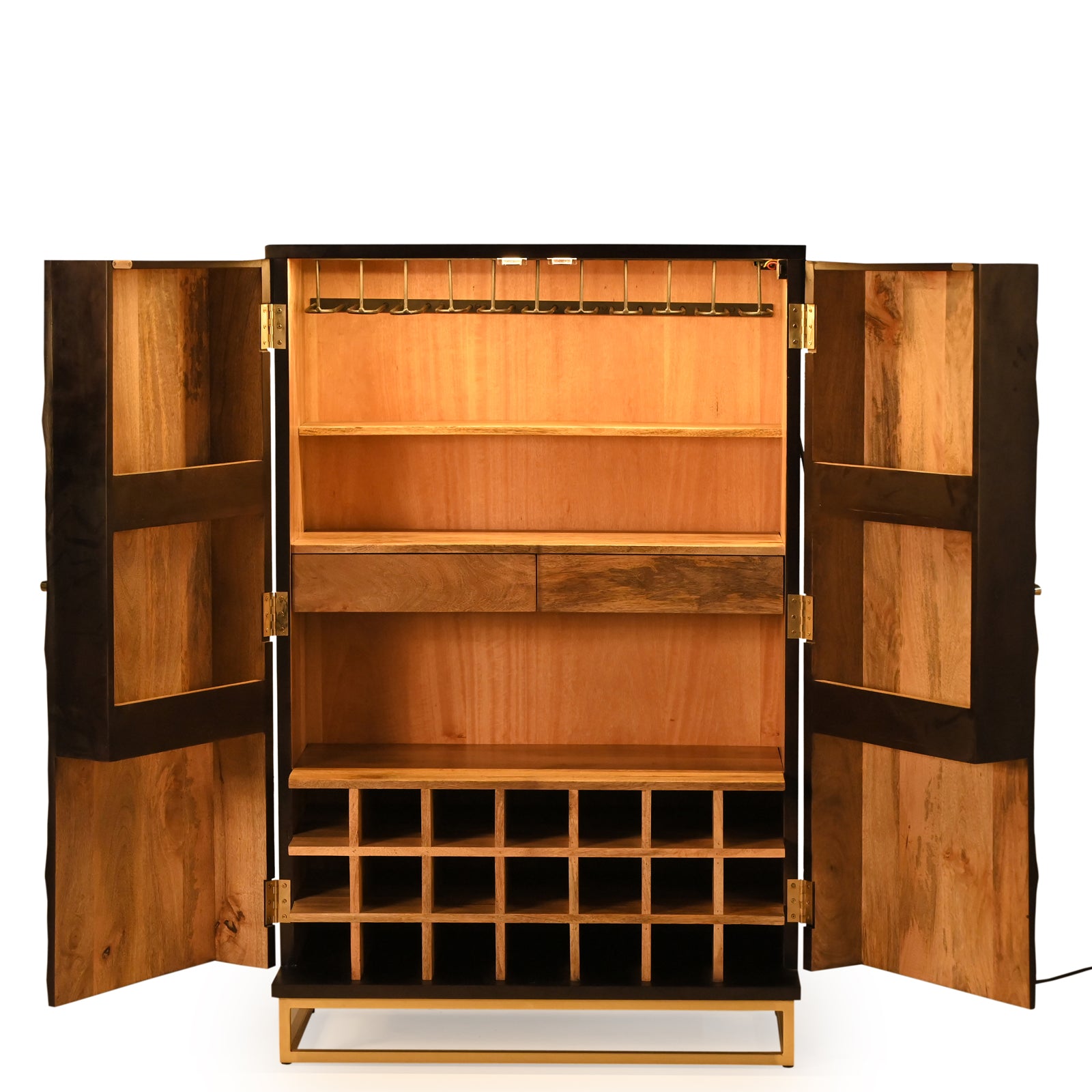 Bar Cabinet with Wine Rack, Carved Wooden Doors & LED | Furniba