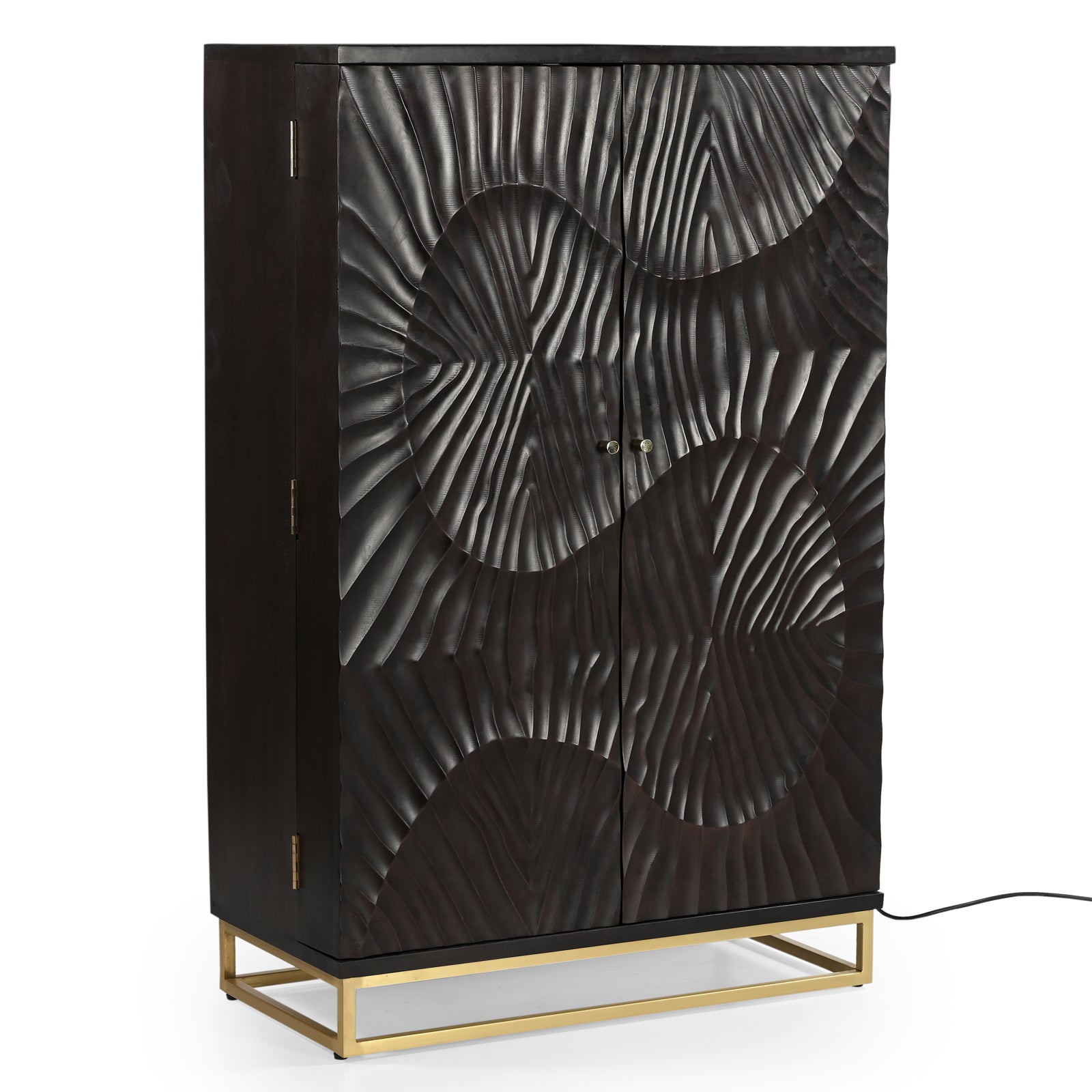 Bar Cabinet with Wine Rack, Carved Wooden Doors & LED | Furniba