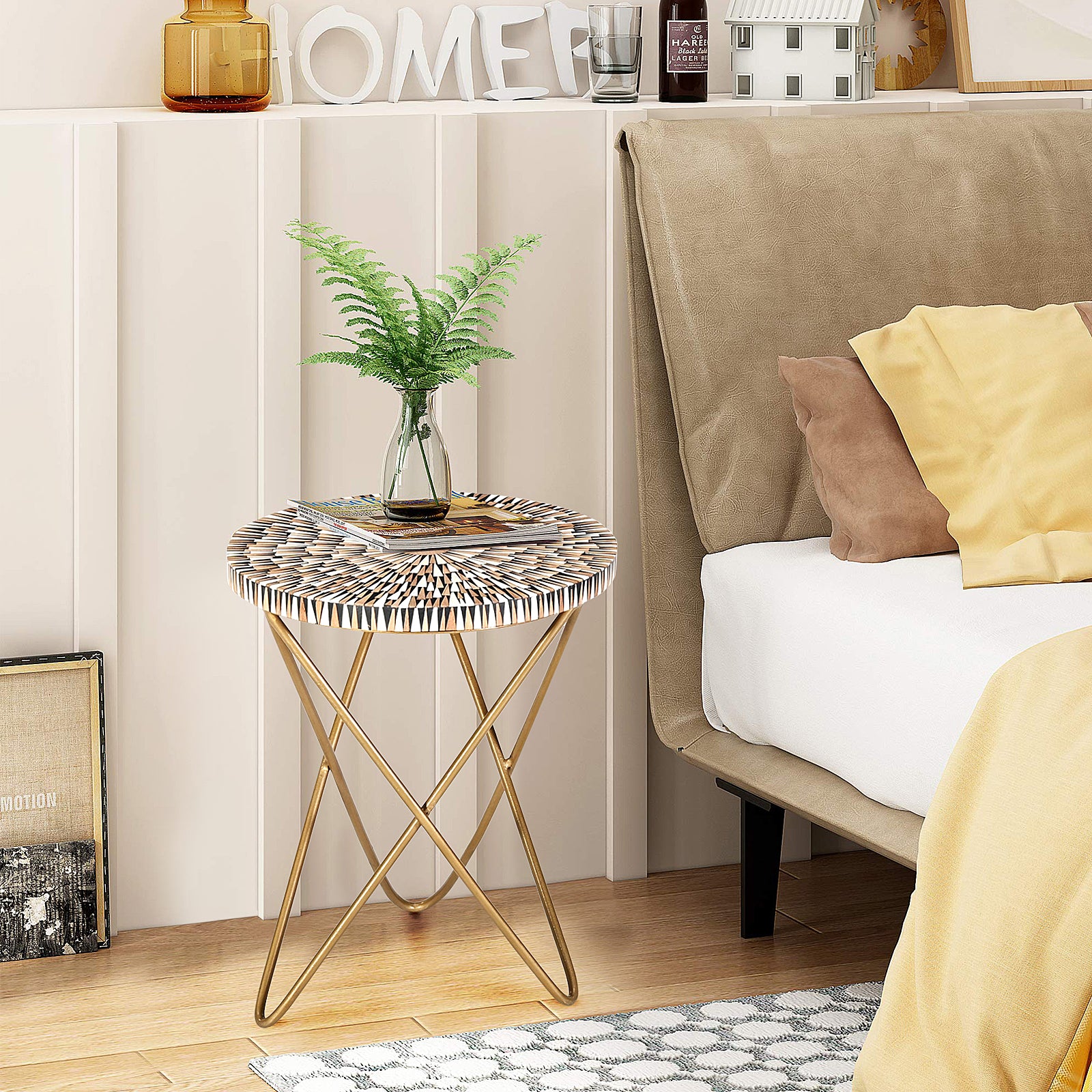 Artisanal Mosaic Bone Inlay Round Side  Table with Cross-Leg Gold Frame