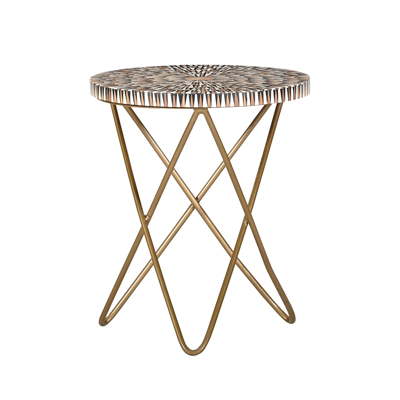 Artisanal Mosaic Bone Inlay Round Side  Table with Cross-Leg Gold Frame