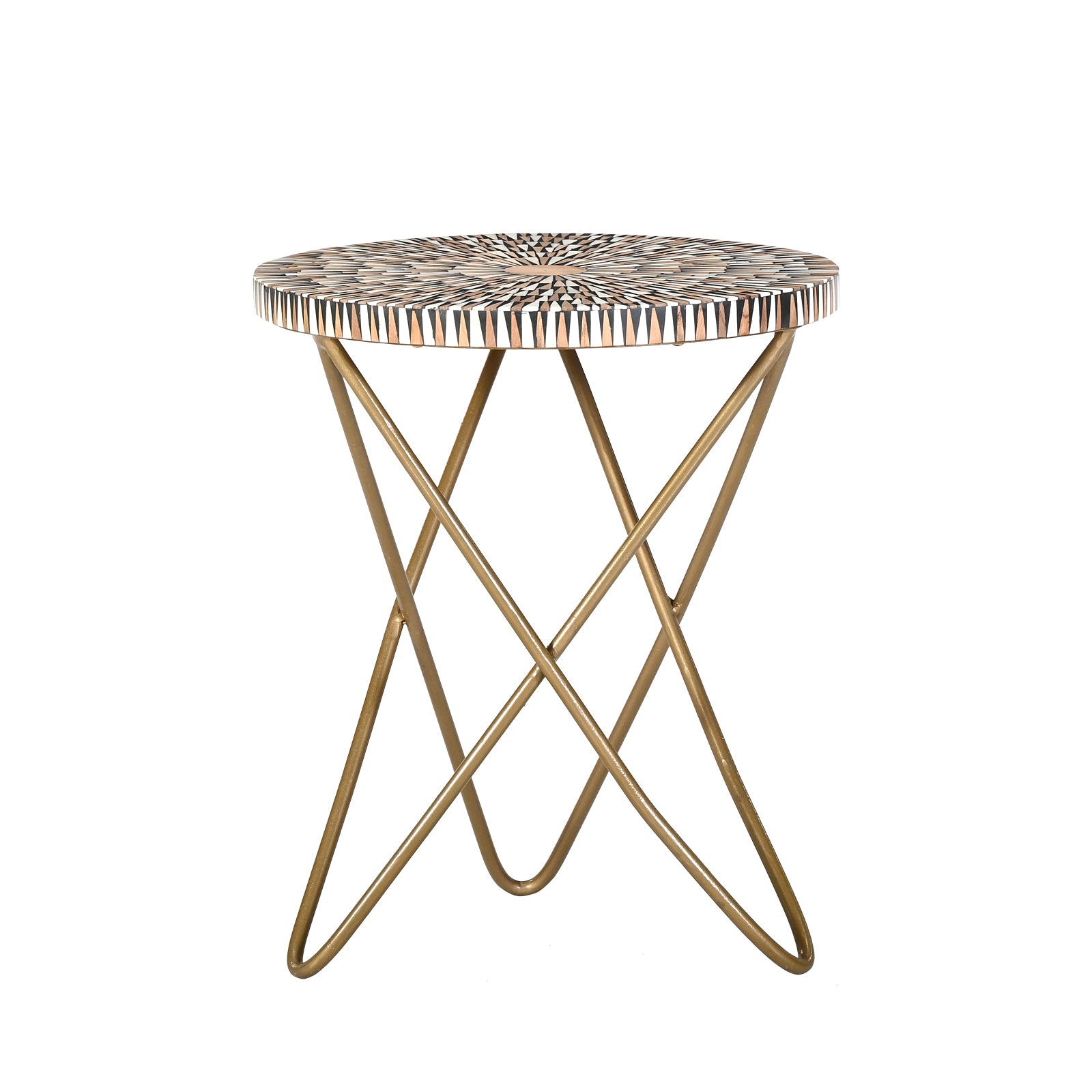 Artisanal Mosaic Bone Inlay Round Side  Table with Cross-Leg Gold Frame