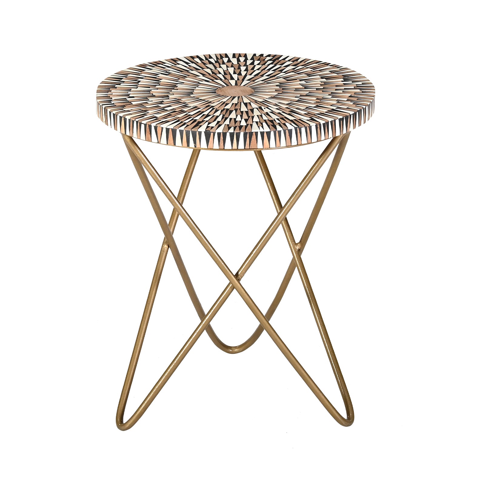 Artisanal Mosaic Bone Inlay Round Side  Table with Cross-Leg Gold Frame