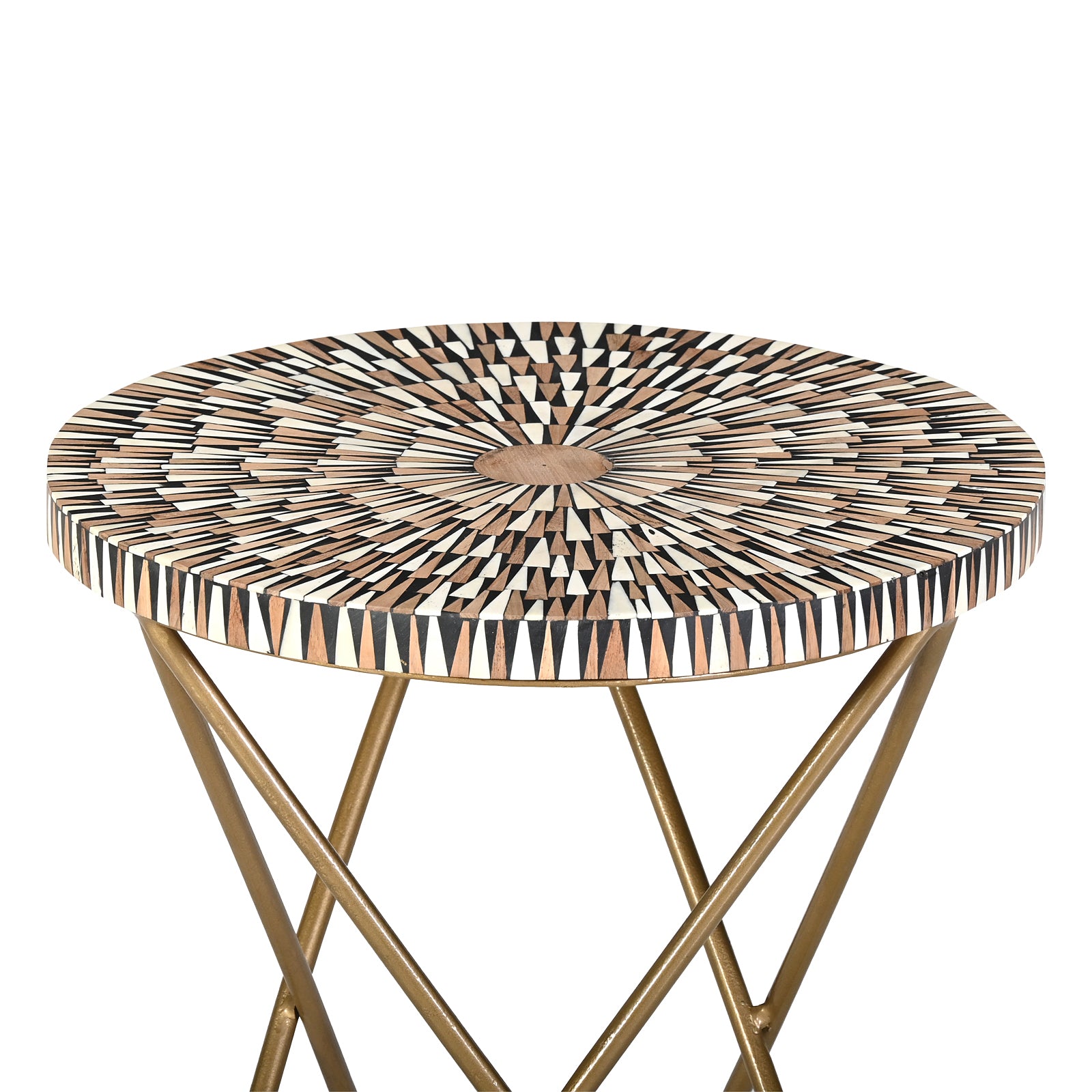Artisanal Mosaic Bone Inlay Round Side  Table with Cross-Leg Gold Frame