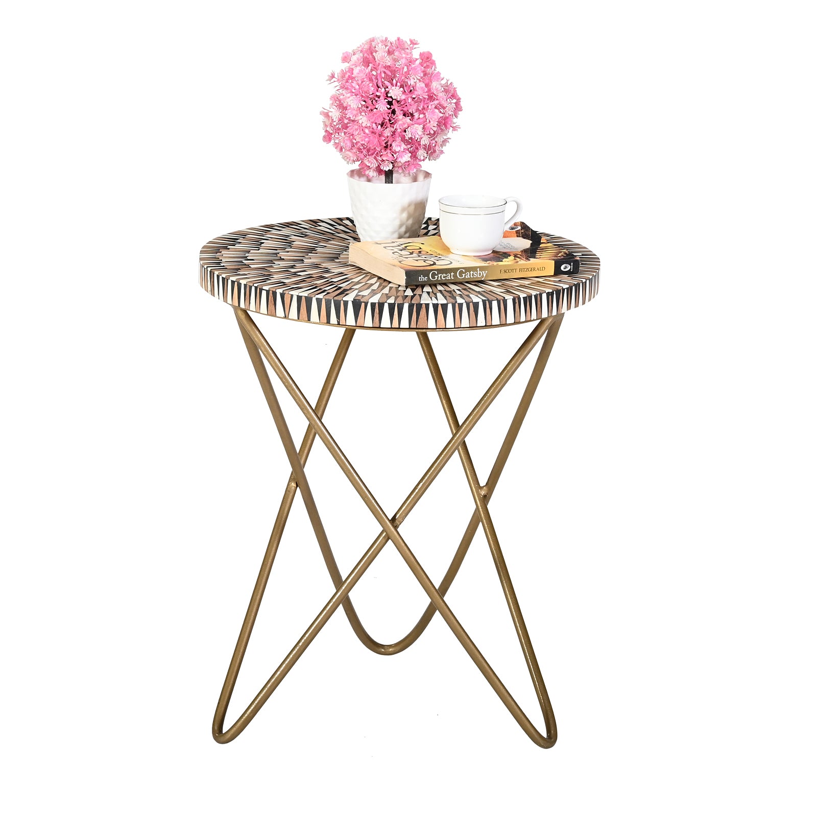 Artisanal Mosaic Bone Inlay Round Side  Table with Cross-Leg Gold Frame