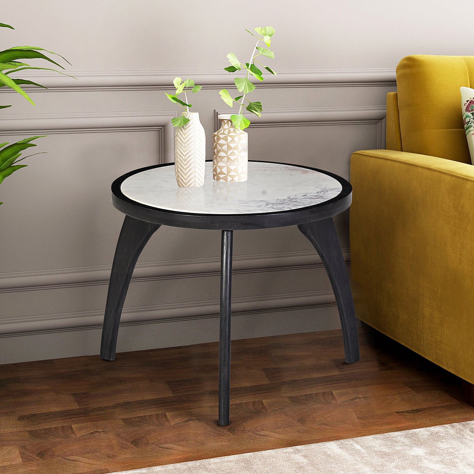 Modern White Marble Top Round Side Table  with Curved Black Wooden Legs