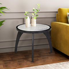 Modern White Marble Top Round Side Table  with Curved Black Wooden Legs