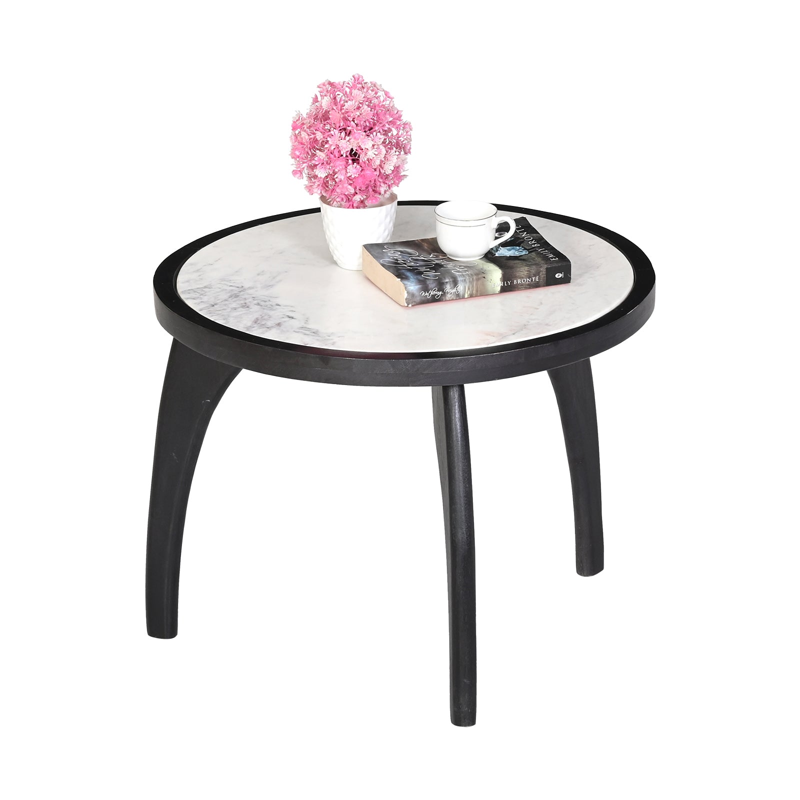 Modern White Marble Top Round Side Table  with Curved Black Wooden Legs