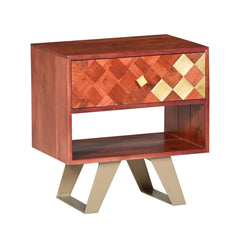 Modern Wooden Nightstand with Brass Inlay  Drawer and Gold Metal Legs