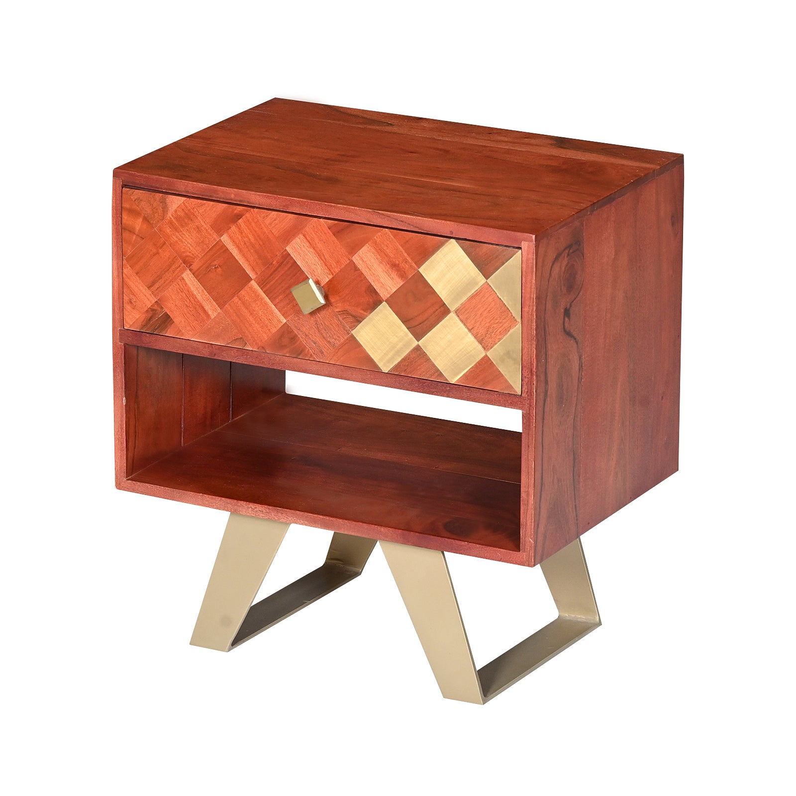 Modern Wooden Nightstand with Brass Inlay  Drawer and Gold Metal Legs