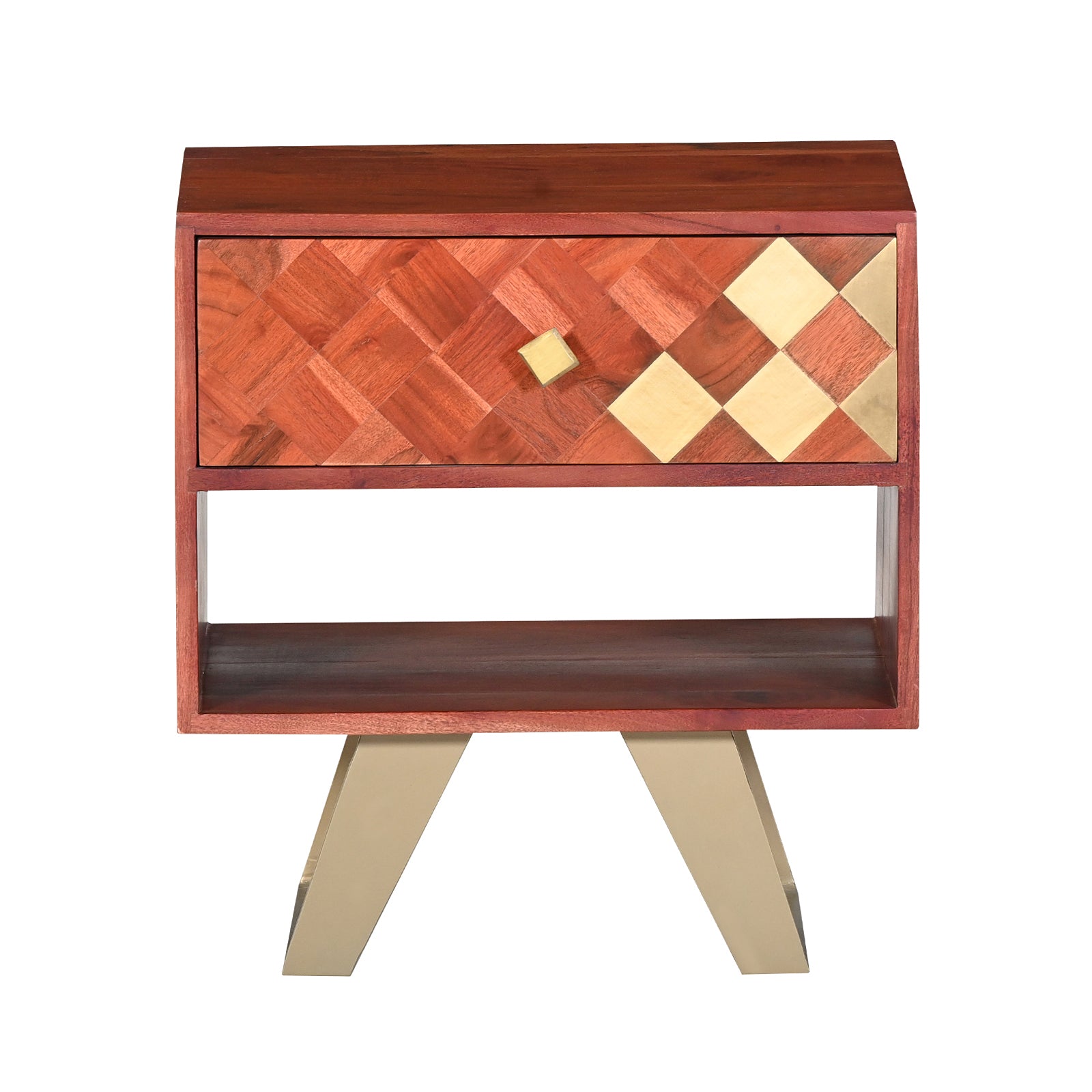 Modern Wooden Nightstand with Brass Inlay  Drawer and Gold Metal Legs