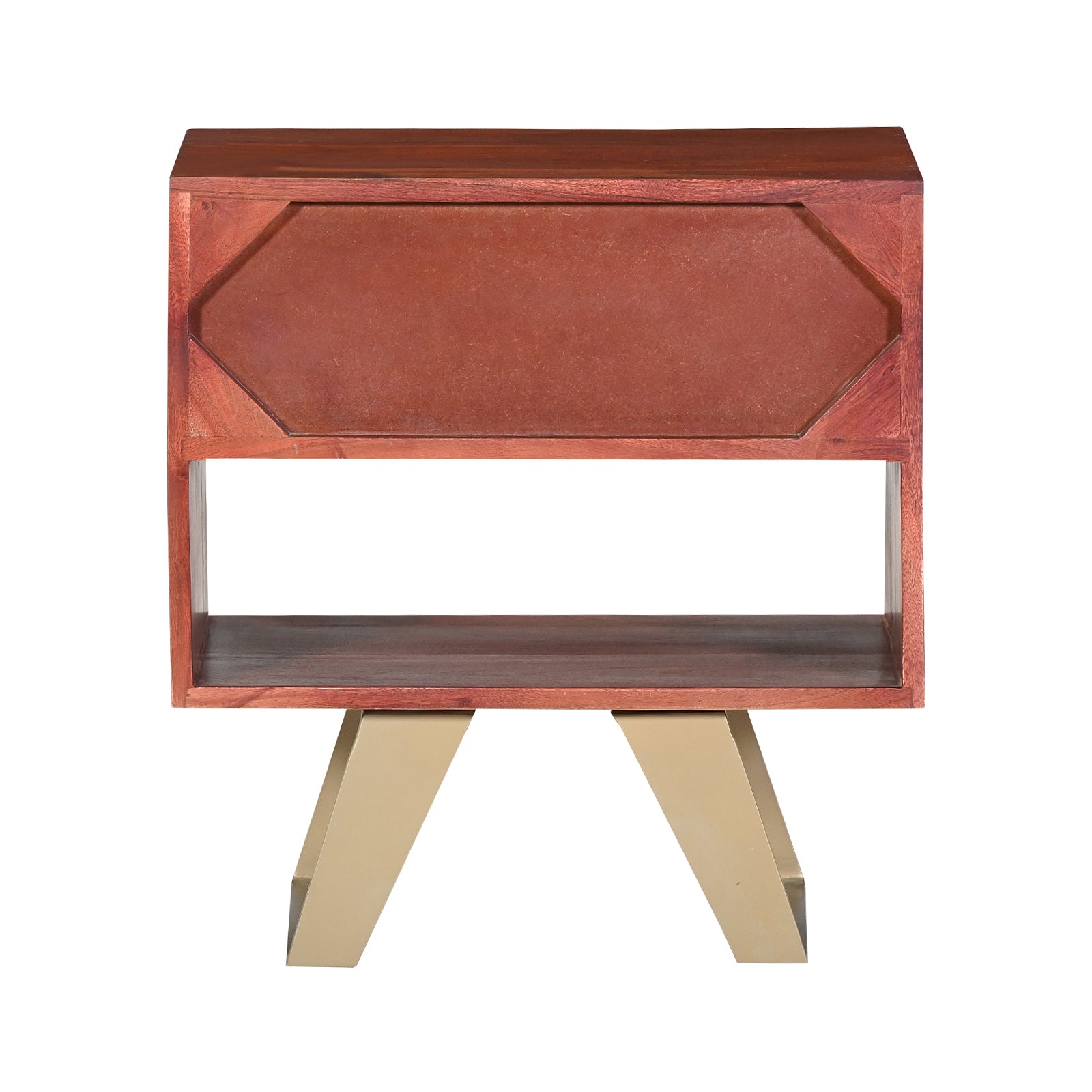 Modern Wooden Nightstand with Brass Inlay  Drawer and Gold Metal Legs