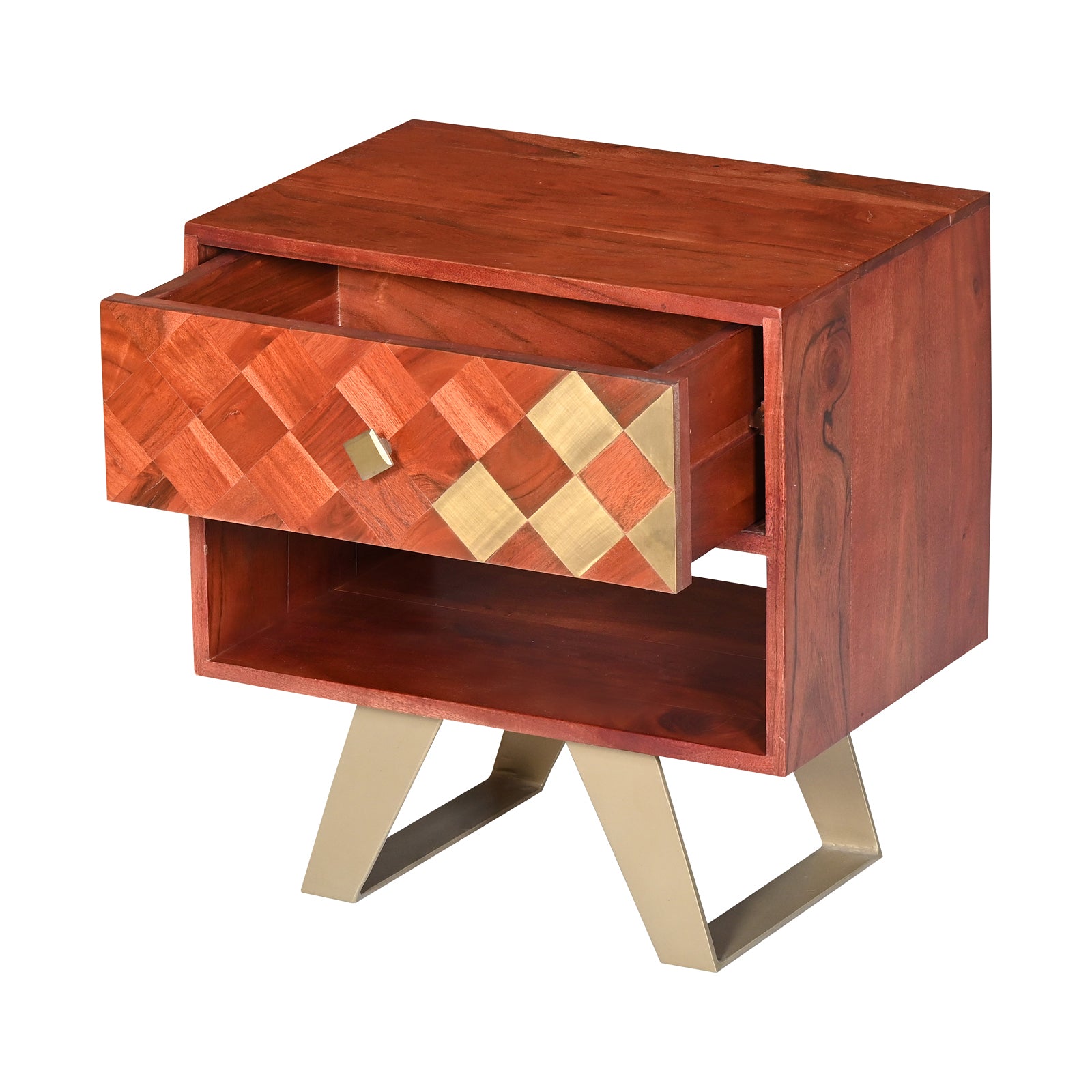Modern Wooden Nightstand with Brass Inlay  Drawer and Gold Metal Legs