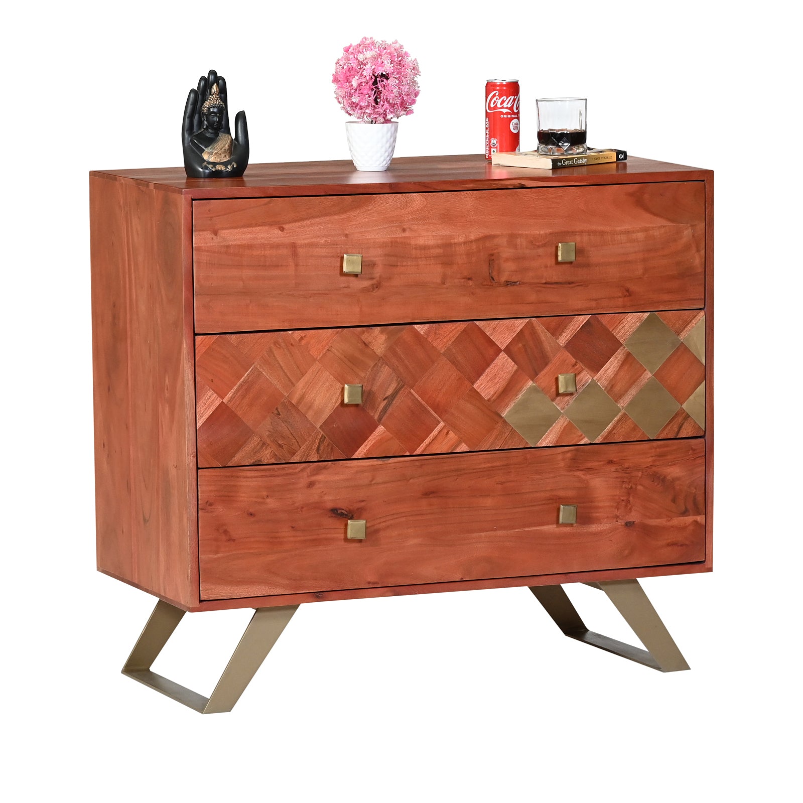 Modern Wooden Nightstand with Brass  Inlay and Gold Metal Base